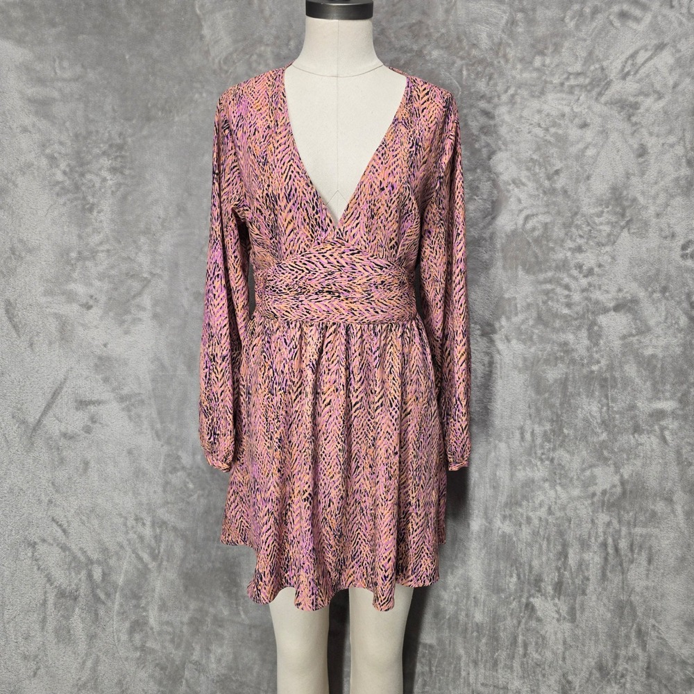 Zara Mini Dress Womens L Pink Abstract Smocked Waist V-Neck Boho Vibrant Party